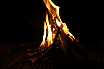 burning fire place at night