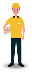 Courier delivery. The courier holds the parcel in his hand. Character on a white background. Courier uniform. Vector illustration