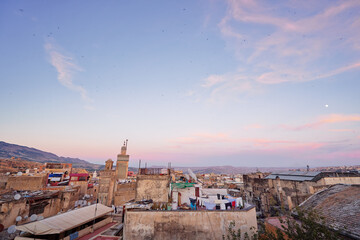View of Fez City from the roof top terrace. Fes el Bali Medina, Morocco, Africa.