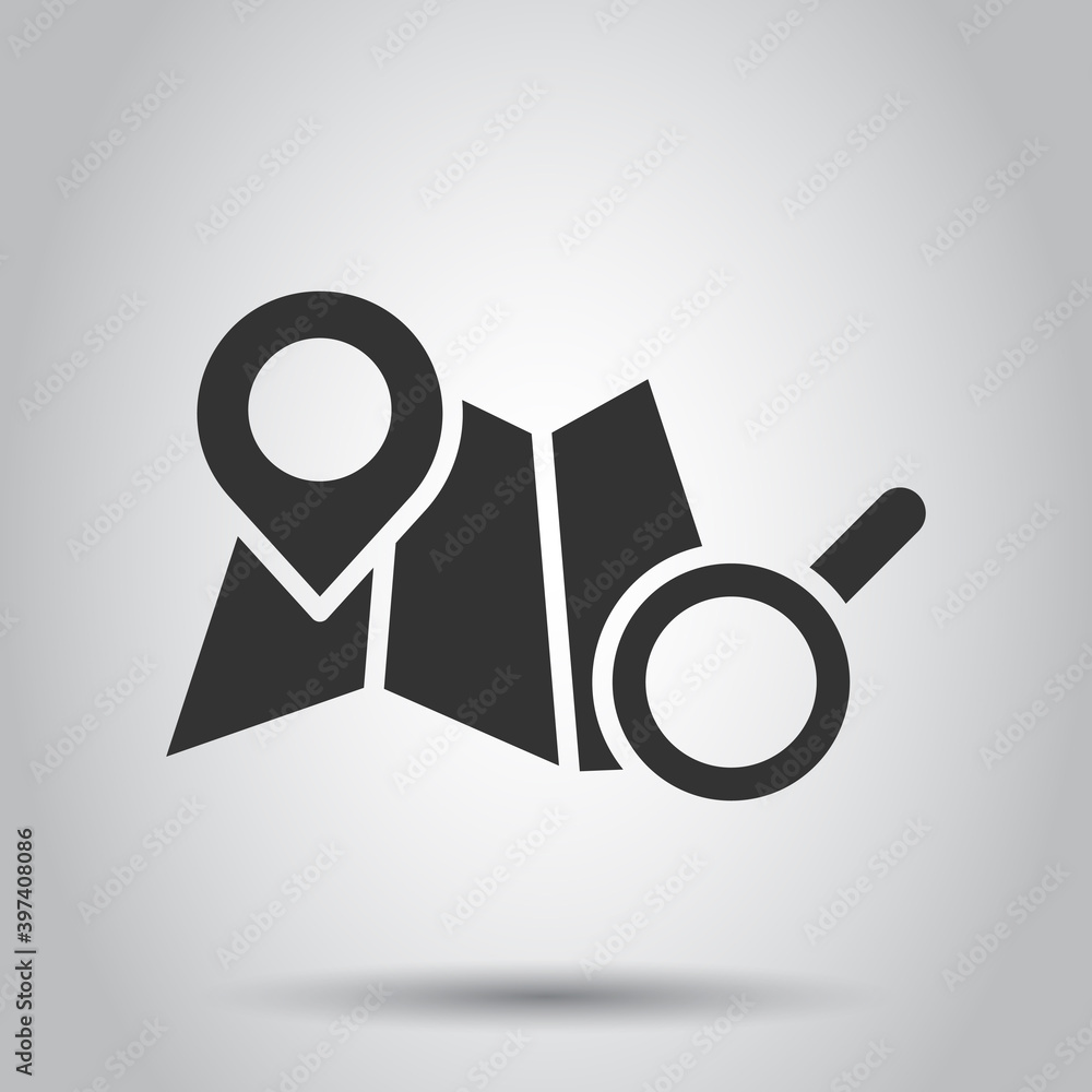 Aufkleber map with magnifier icon in flat style. gps navigation vector illustration on white isolated backgrou