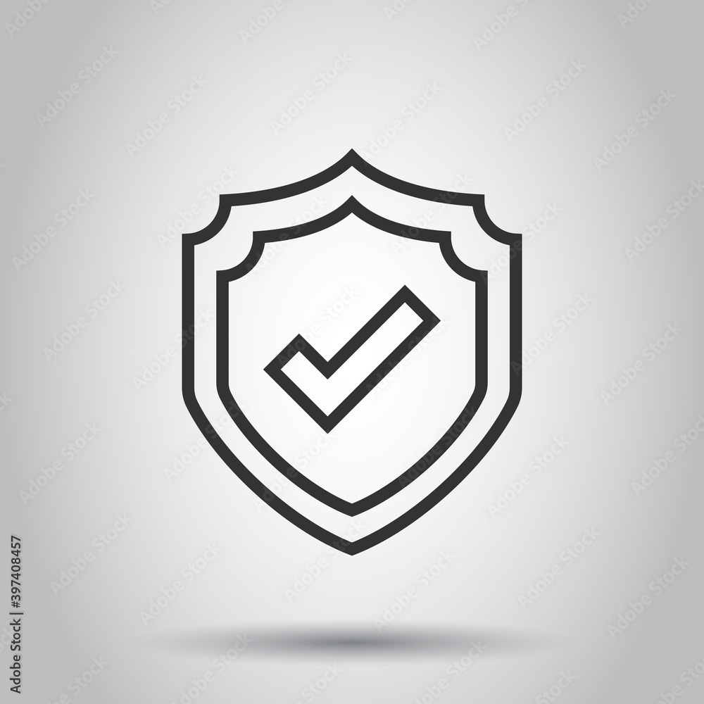 Poster shield with check mark icon in flat style. protect vector illustration on white isolated background.