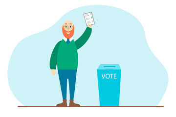 Cartoon citizen putting vote into the ballot box. Democracy elections flat  illustration.