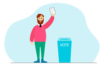 Cartoon man putting vote into the ballot box. Democracy elections flat  illustration.