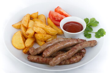 French fried sausages with rustic potatoes and ketchup