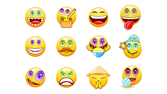 Set Abstract Collection Yellow faces Emotiocons Vector Design Style Icons Face Expression