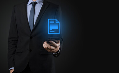 Businessman man holding a document icon in his hand Document Management Data System Business...
