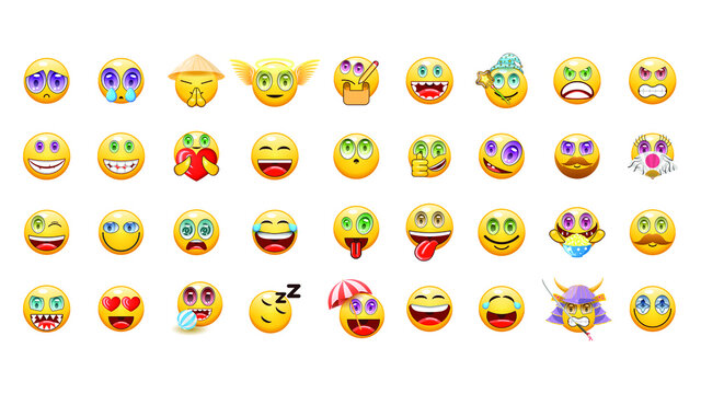 Set Abstract Collection Yellow faces Emotiocons Vector Design Style Icons Face Expression
