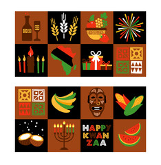 Banner set for Kwanzaa with traditional colored and candles representing the Seven Principles or Nguzo Saba. Collgage style.