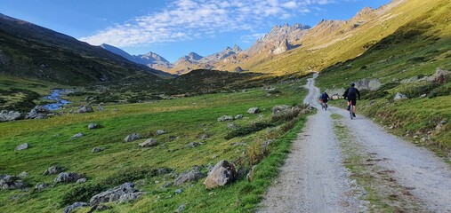 Fototapeta na wymiar Group mountain cycling on a trekking path in austria alps in a green valley in summer 2020