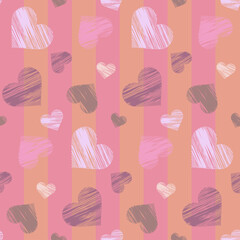 seamless pattern of pink white and gray hearts in the form of doodle on a striped pink background