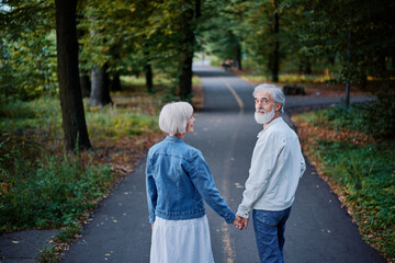 Senior family couple walking together at summer park.