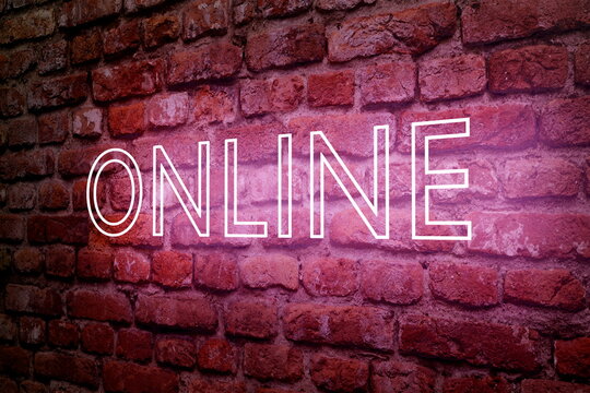 Neon online on brick wall, illustration
