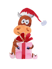 Watercolor illustration symbol of the new 2021 year bull congratulates on the holiday