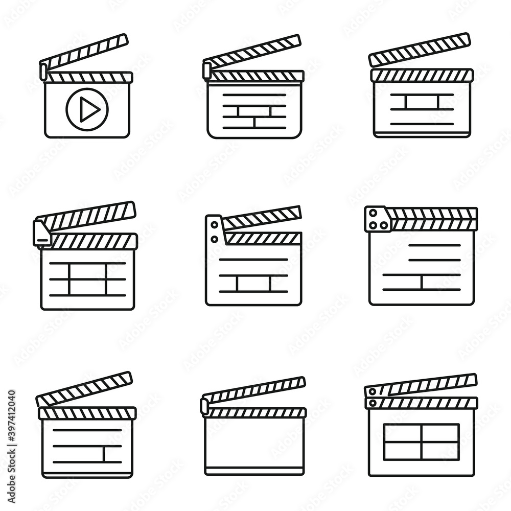 Poster cinema clapper icons set. outline set of cinema clapper vector icons for web design isolated on whit