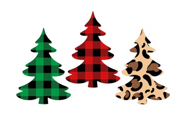 Christmas trees set with Buffalo plaid ornament in red, green and leopard print. Tartan plaid for festive background. Design for greeting card, pattern, banner.  Vector flat illustration.
