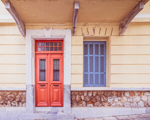 classic design house entrance natural wood door, Athens Greece