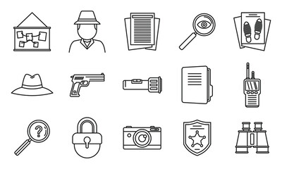 Fototapeta premium Police investigator icons set. Outline set of police investigator vector icons for web design isolated on white background