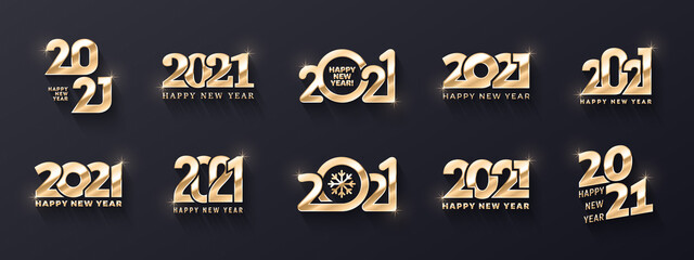 Naklejka premium 2021 Happy New Year Premium Golden Logo Vector Different 3D Text Design Templates Collection On Background. Variations Of Happy New Years Typographic Golden Metallic Design Elements