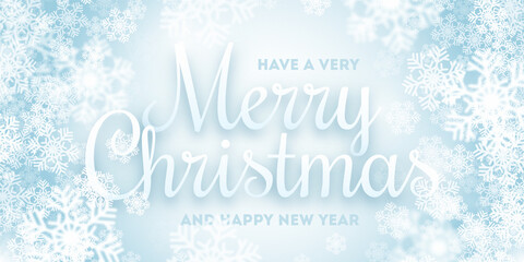 Obraz na płótnie Canvas Merry Christmas Greeting Card Vector Illustration With 3D Calligraphic Text And White Soft Snowflakes On Light Blue Background. Xmas And Happy New Year Greetings Vector Wallpaper