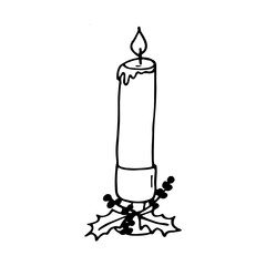 christmas candle decorated with holly, berries icon, sticker. sketch hand drawn doodle. vector scandinavian monochrome. cozy home festive christmas.