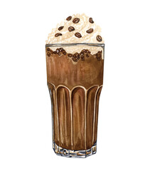 Hand drawn cup of coffee latte. Watercolor frappe illustration