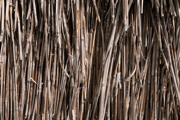 Close-up of the reed straw. Bundle of straw front view. Background or texture of old dry gray straw, vertically leveled