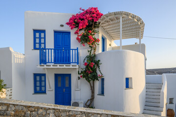 Typical Cycladic architecture, Greek whitewashed house with blue windows and summer flowers in...