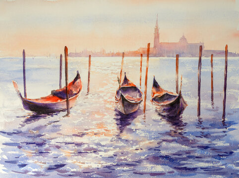 Venice gondolas on San Marco square at sunset, Venice, Italy. Venice Grand Canal. Picture created with watercolors.