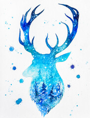 Outline of a deer in blue colors. Hand-painted Watercolor illustration, Christmas card.