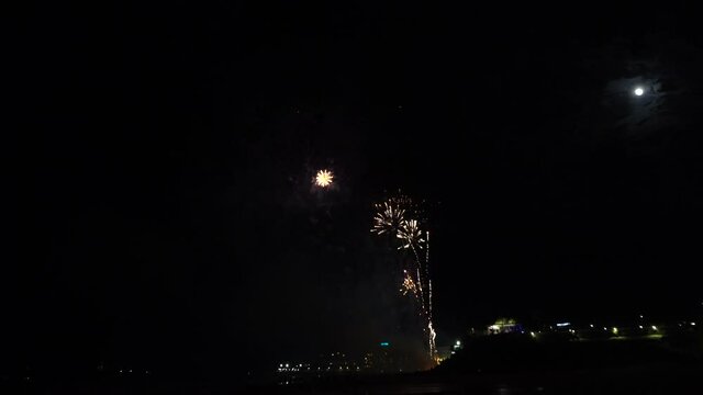 Bright fireworks with nozzle lights in the night sky. Bright fireworks show.