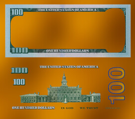  U.S. 100 dollar banknote. Elements for design purpose on golden textured background 