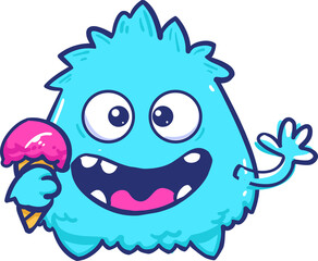 Web Vector illustration of cute blue monster holding crimson ice, perfect for children's story character