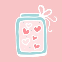 Glass magic jar with hearts, Cute bottle symbol for lovers, Magic container with love and passion, C ticker for lovers, Hand draw, Doodle style.