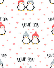 Fototapeta na wymiar seamless pattern with cute couple of penguins