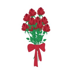 Bouquet of red roses tied with a big red bow, Beautiful elegant bouquet of flowers, Gift for any holiday, vector image, isolate on a white background.