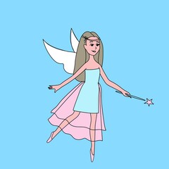 Angel girl with white wings and cute dress, Cupid for Valentine's Day, Charming fairy with blond hair and magic wand, vector illustration in doodle style, isolate on a colored background
