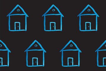 Seamless pattern with blue house icon on black backboard. Cartoon style baby illustration. Architecture, construction, village, homepage. Creative kids city texture for fabric, wrapping or textile