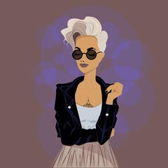 Young stylish woman with short white hair in a black leather jacket, tattoo on the chest, black round glasses, vector illustration.