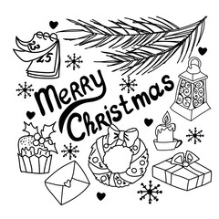 Collection of Christmas doodles, Christmas tree branch, Christmas wreath, wrought iron lantern, letter, cake, Merry Christmas, vector illustration in doodle style, hand drawn, isolated on a white.