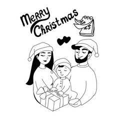 Collection of Christmas doodles, Seth family for Christmas, winter holidays hand-drawn, fireplace, cat, house in the snow, Christmas tree in the truck, candle, boots, gloves, vintage lamp, vector.