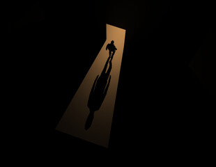 A man silhouette against the bright light 3D illustration