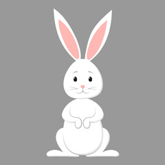 Cute white Easter Bunny or hare. Vector stock flat illustration isolated on a gray background.