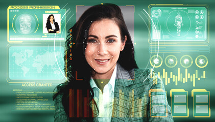 Facial recognition technology scan and detect people face for identification . Future concept interface showing digital biometric security system that analyze human face to verify personal data .
