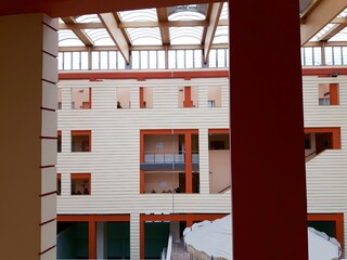 Asti, Italy - December 03, 2020: An amazing construction of a modern hospital by only wood and...
