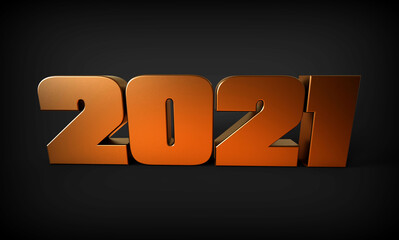 Golden metallic numbers 2021 on black. 3d rendering