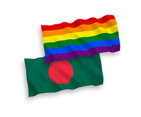National vector fabric wave flags of Rainbow gay pride and Bangladesh isolated on white background. 1 to 2 proportion.
