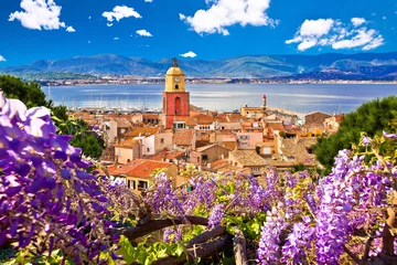 Tuinposter Saint Tropez village church tower and old rooftops view © xbrchx