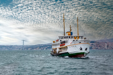 Naklejka premium Beautiful View touristic landmarks from sea voyage on Bosphorus. turkish steamboats, view on Golden Horn.