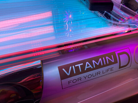 Viersen, Germany - November 9. 2020: View on megasun sun bed with uvb rays for stimulation of vitamin d production in german solarium