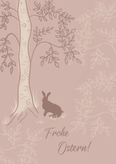 „Frohe Ostern„ means Happy Easter in the German Language. A postcard for Easter holiday, an illustration in a flat style